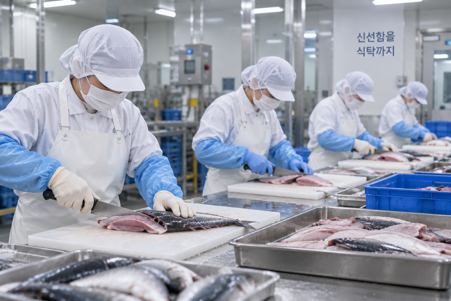 위생복을 착용한 작업자들이 수산물을 전처리하는 모습